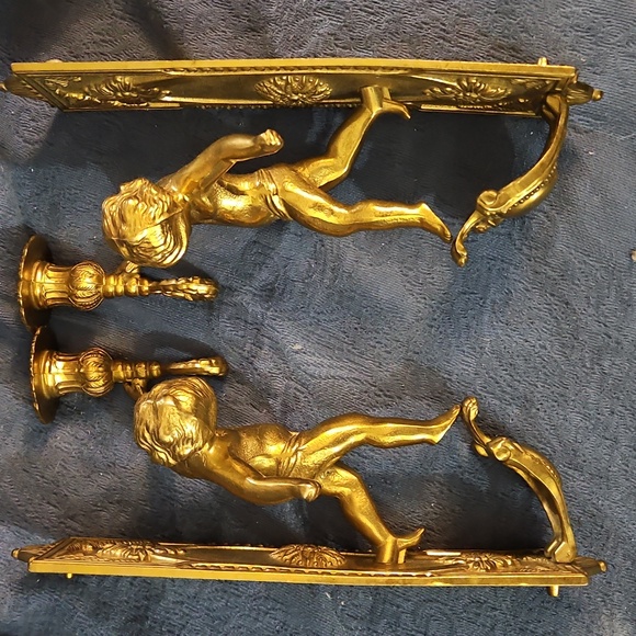 Lancini Italian Antique Brass Cherub Wall Sconce Candle Holders - Picture 9 of 11
